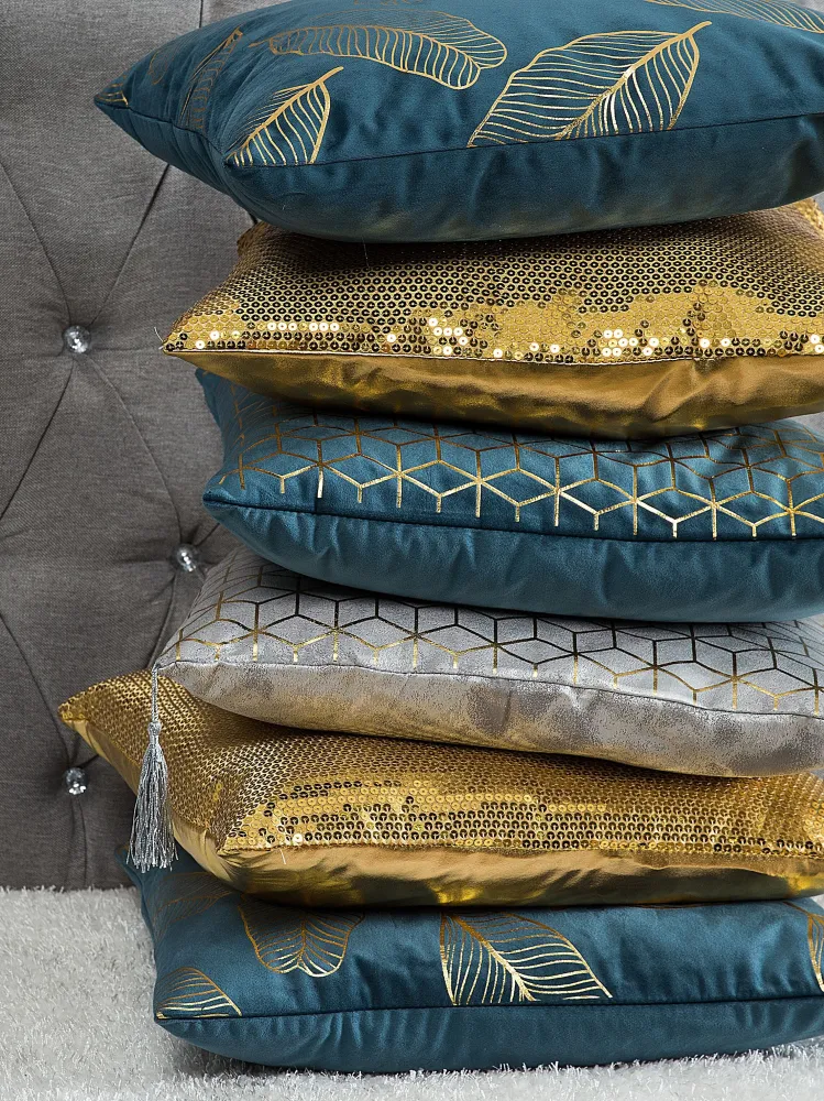 Set 2 Velvet Cushions Leaf Pattern 45 x 45 cm Teal Blue FREESIA