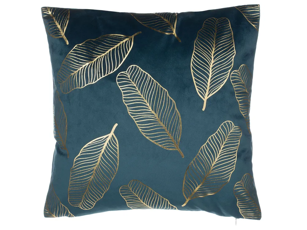 Set 2 Velvet Cushions Leaf Pattern 45 x 45 cm Teal Blue FREESIA