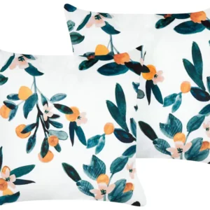 Set 2 Velvet Cushions Leaf Pattern 45 x 45 cm White and Green KNAUTIA