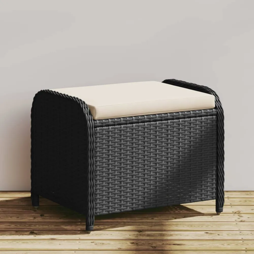 Sgabello Giardino con Cuscino Nero 58x46x46 cm Polyrattan con Portabicchiere Integrato