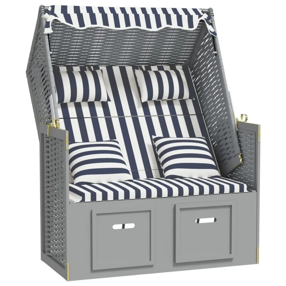 Strandkorb con Cuscini Polyrattan e Legno Massello Blu e Bianco con Sistema di Montaggio Rapido