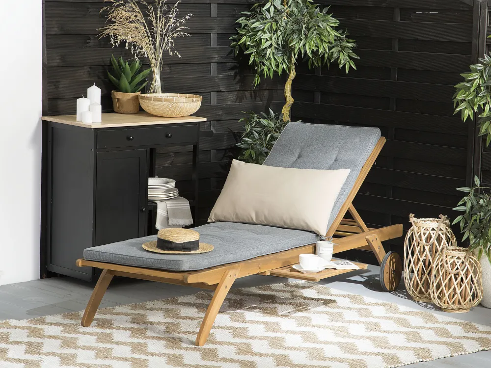 Wooden Reclining Sun Lounger Cushion Grey CESANA