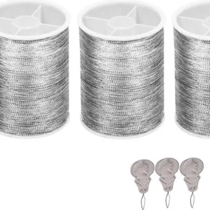 3 Bobine Rotoli Filo Poliestere Metallico + Infila Ago Argentato Ricamo Cucito