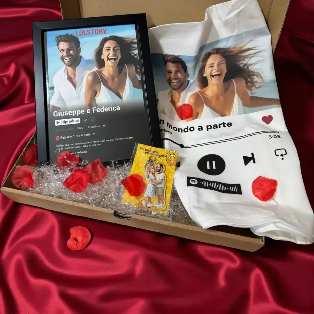Box San Valentino Large - Wow Box – Quadro Netflix 21x30 + Portachiavi con Foto 3D + Federa Spotify 50x50