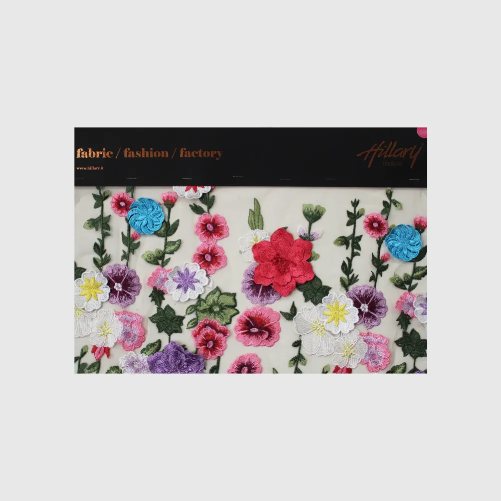 Cartella Tulle Ricamato con Fiori 3D e Ricamati Filo Multicolor