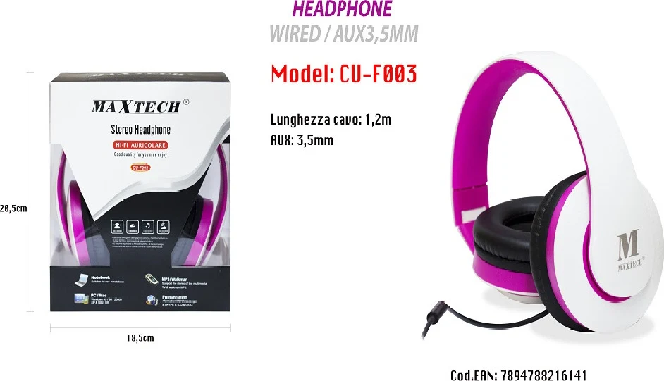 Cuffie Con Filo Attacco 3,5 Mm Pc Computer Mac Notebook Mp3 Portatili Maxtech Cu-f003