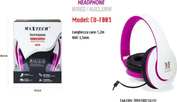 Cuffie Con Filo Attacco 3,5 Mm Pc Computer Mac Notebook Mp3 Portatili Maxtech Cu-f003