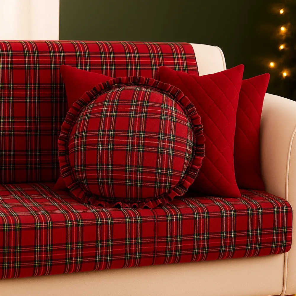 Cuscino Arredo natalizio Preziosa Rotondo 40X40, fantasia tartan tinto filo con frill e imbottitura, con zip Made Italy