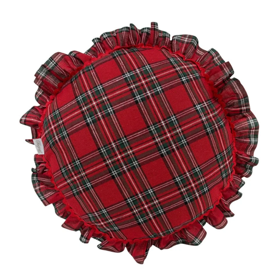 Cuscino Arredo natalizio Preziosa Rotondo 40X40, fantasia tartan tinto filo con frill e imbottitura, con zip Made Italy