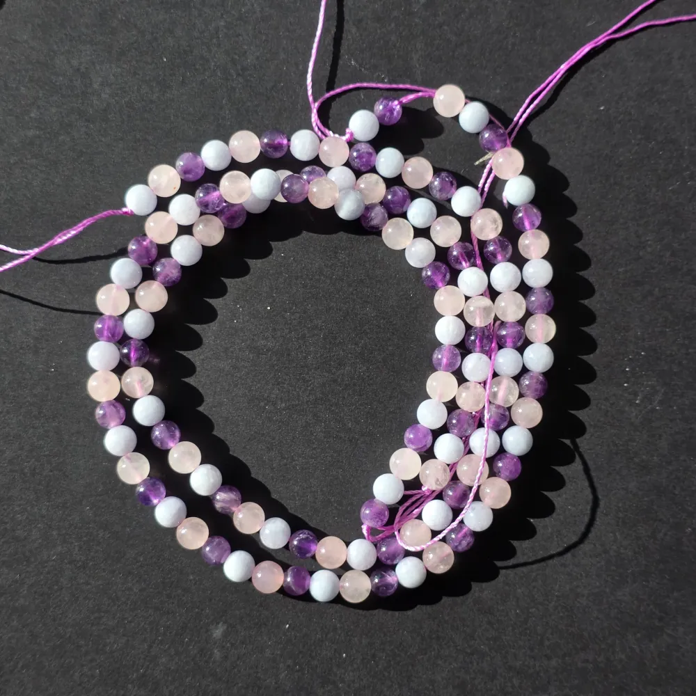 Filo di perline pietre semipreziose sfere MIX AMETISTA, QUARZO ROSA, ACQUAMARINA