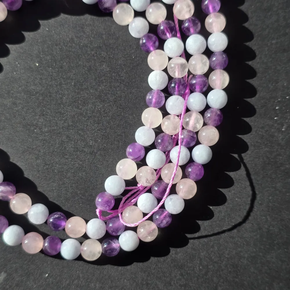 Filo di perline pietre semipreziose sfere MIX AMETISTA, QUARZO ROSA, ACQUAMARINA