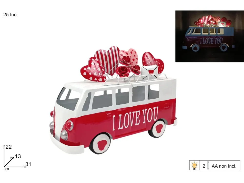 Furgone metallo i love you con filo 25 luci batteria