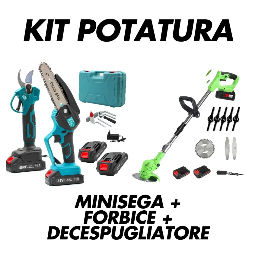 KIT 3 1 DECESPUGLIATORE + MOTOSEGA + FORBICI + 4 BATTERIE 48VF