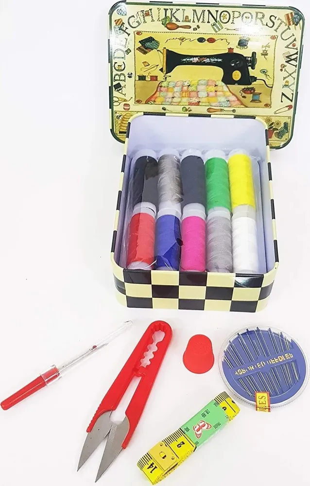 Kit Scatola Latta Da Cucito Sarta Da Viaggio Filo Ago Ditale Forbici Metro