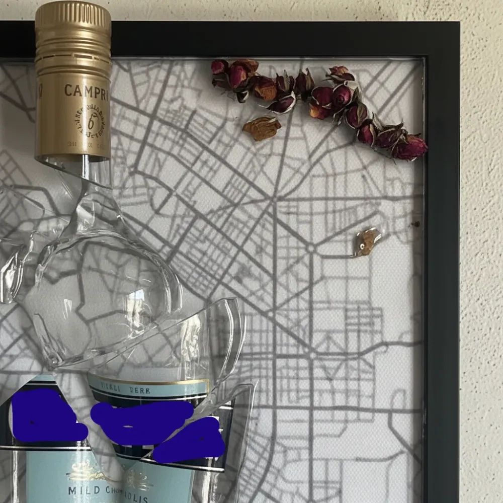 Quadro Campari Artigianale – Pezzo Unico con Bottiglia Originale e Rose Naturali