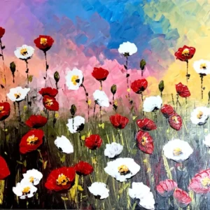 Quadro con campo di papaveri rossi e bianchi
