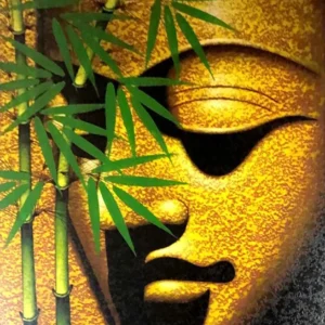 Quadro con volto di Buddha e foglie di bambù