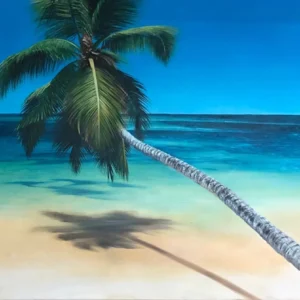Quadro dipinto ad olio con palma su una spiaggia tropicale