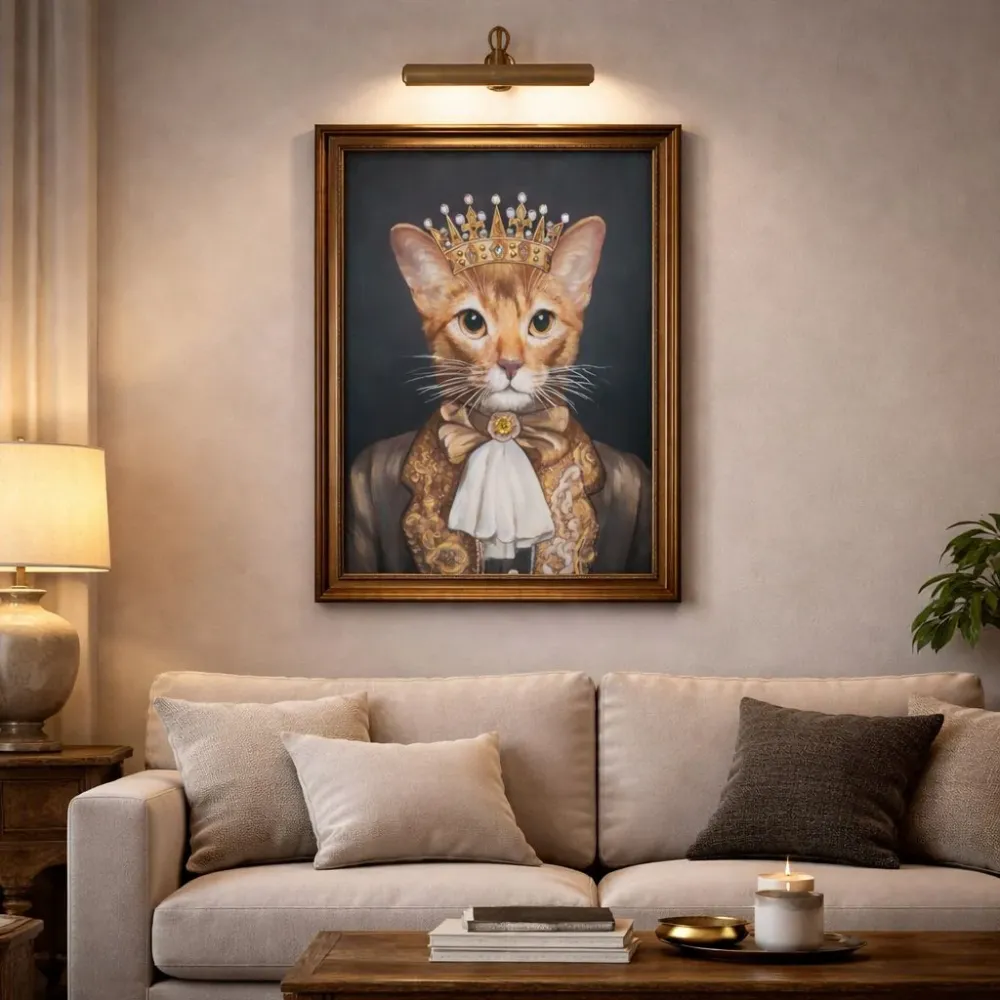 Quadro Gatto con Corona Stile Vintage con Cornice Legno