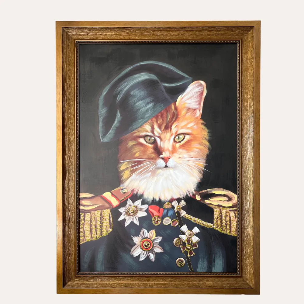 Quadro Gatto Militare con Cornice Legno