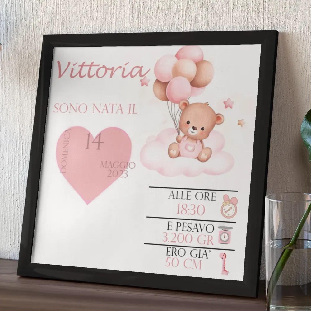 Quadro nascita bimba personalizzabile 25x25cm