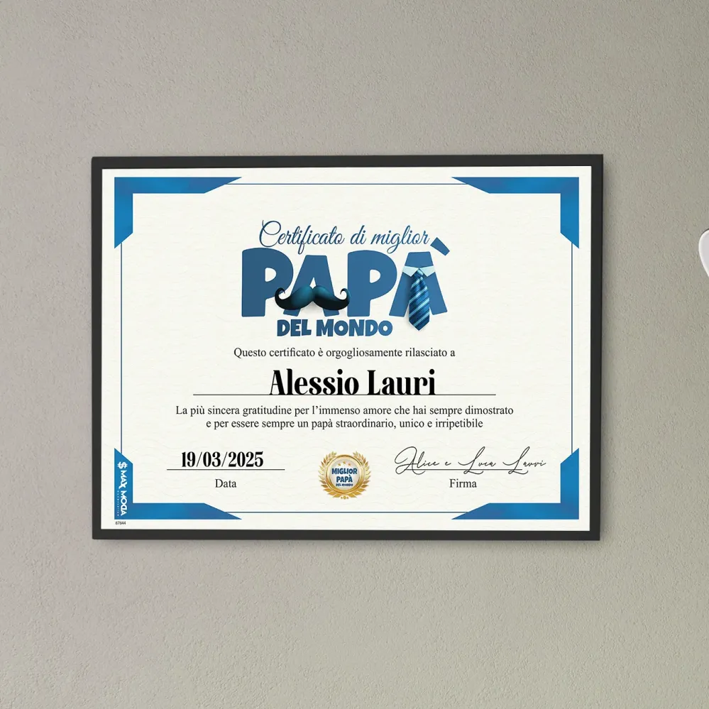 Quadro nero "Certificato Papà Migliore Del Mondo" personalizzabile