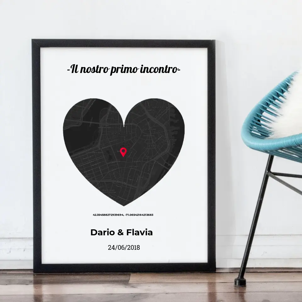 Quadro nero con mappa cuore personalizzabile 30x40