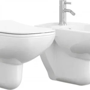 Sanitari Sospesi Filo Muro ceramica bianca con copri vaso frizionato Glam