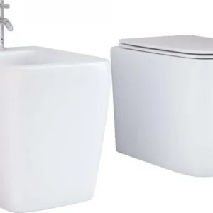 Sanitari Terra Filo Muro ceramica bianca con copri vaso frizionato Qubo