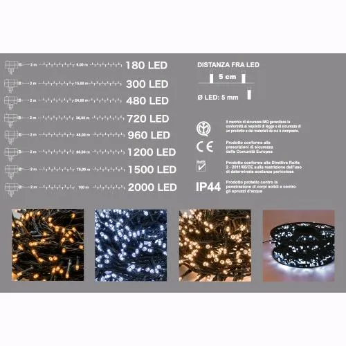 Serie Luci Natale 1200 Led Luce Fredda Giochi Luce Filo 62 mt Uso Esterno D2860