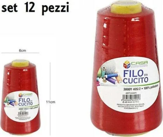 Set 12 Pz Filati Cono Filo Poliestere Cucito 3000y 40s/2 Rosso Gomitolo Cotone
