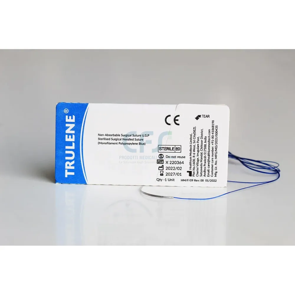 Sutura Healthium TRULENE, ago 3/8 24mm, USP 3/0 - filo blu 70cm (conf. 12 pz.)