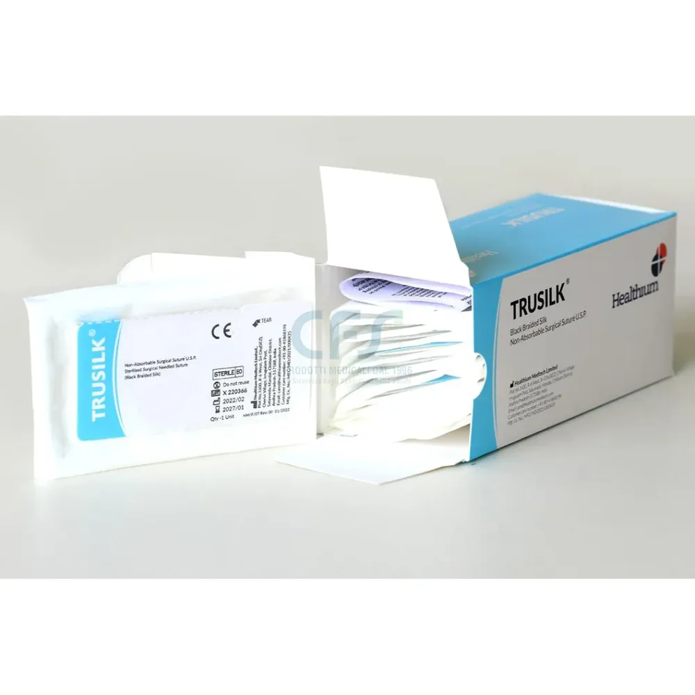 Sutura Healthium TRUSILK, ago 1/2 25mm, USP 4/0 - filo nero 75cm (conf. 12 pz.)
