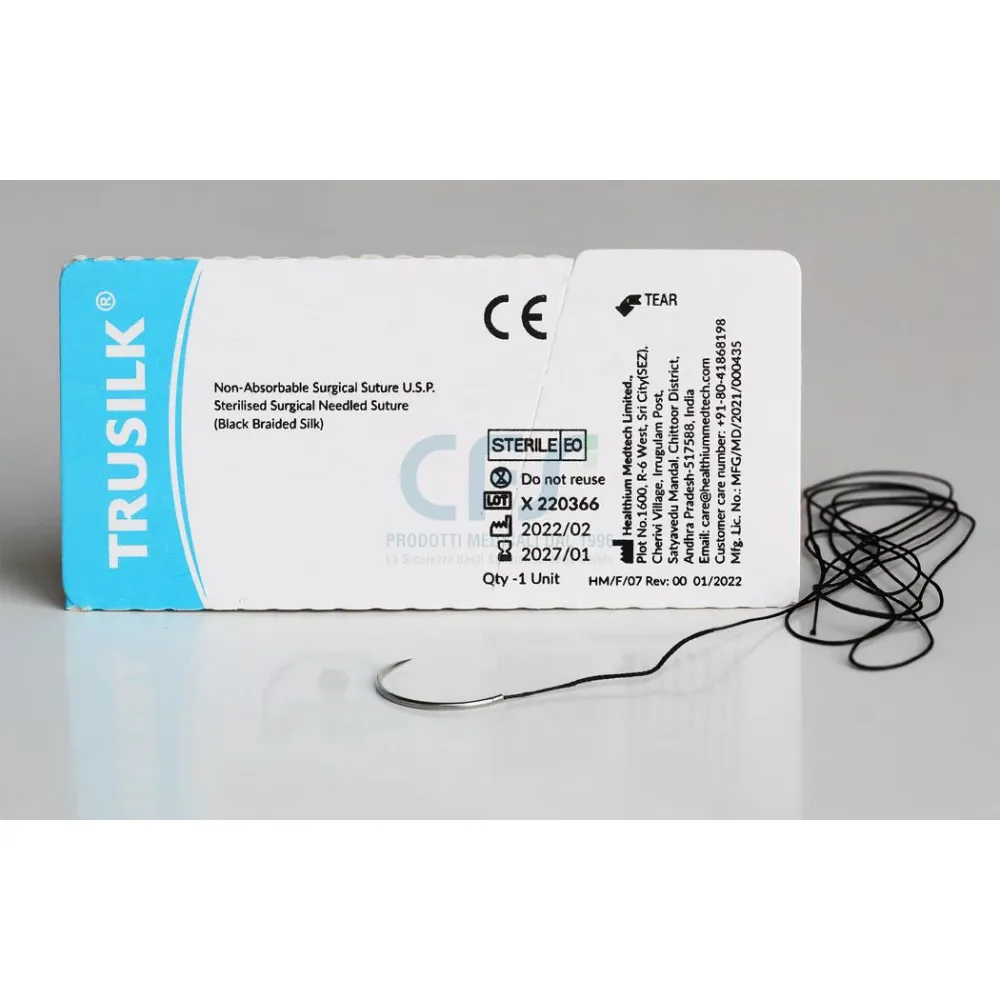 Sutura Healthium TRUSILK, ago lineare 19mm, USP 4/0 - filo nero 45cm (conf. 12 pz.)