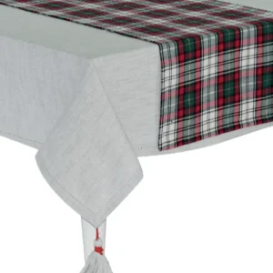 Tovaglia natalizia 12 Beige con nappe ai 4 angoli con runner tartan con filo oro