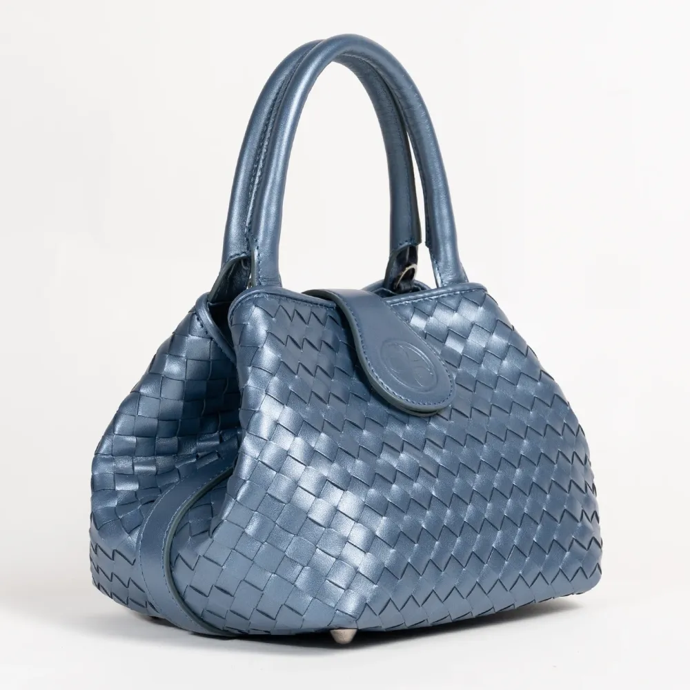Women's Avio Blue Nappa Perlata Leather Lucia Bag Intreccio Quadro