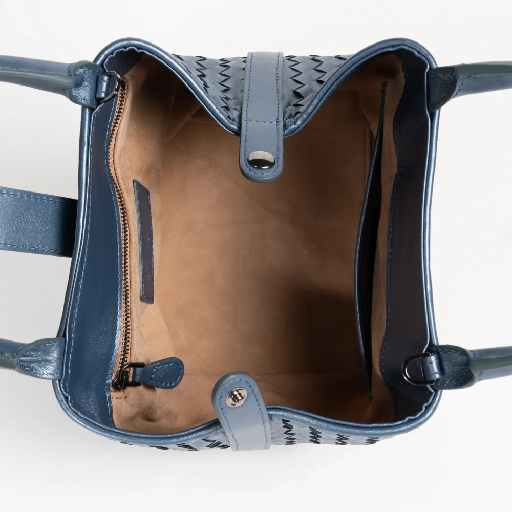 Women's Avio Blue Nappa Perlata Leather Lucia Bag Intreccio Quadro