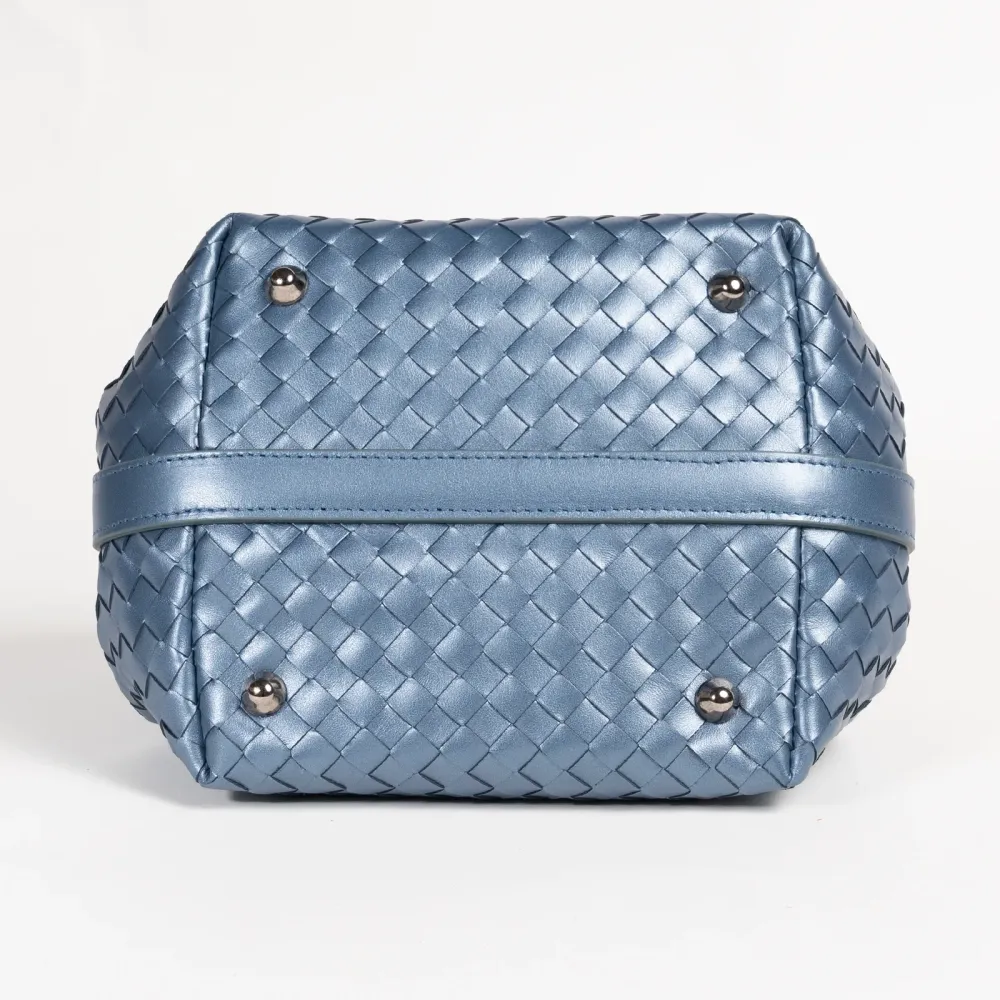 Women's Avio Blue Nappa Perlata Leather Lucia Bag Intreccio Quadro