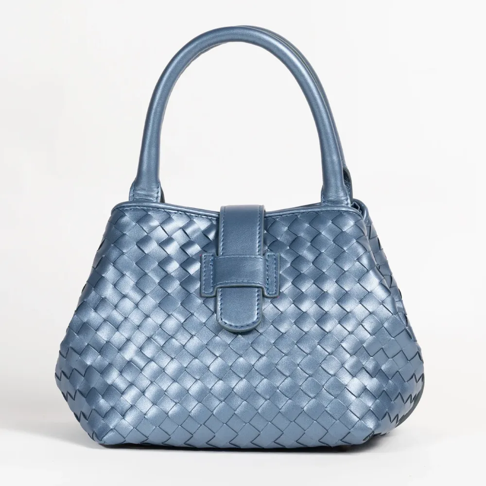 Women's Avio Blue Nappa Perlata Leather Lucia Bag Intreccio Quadro