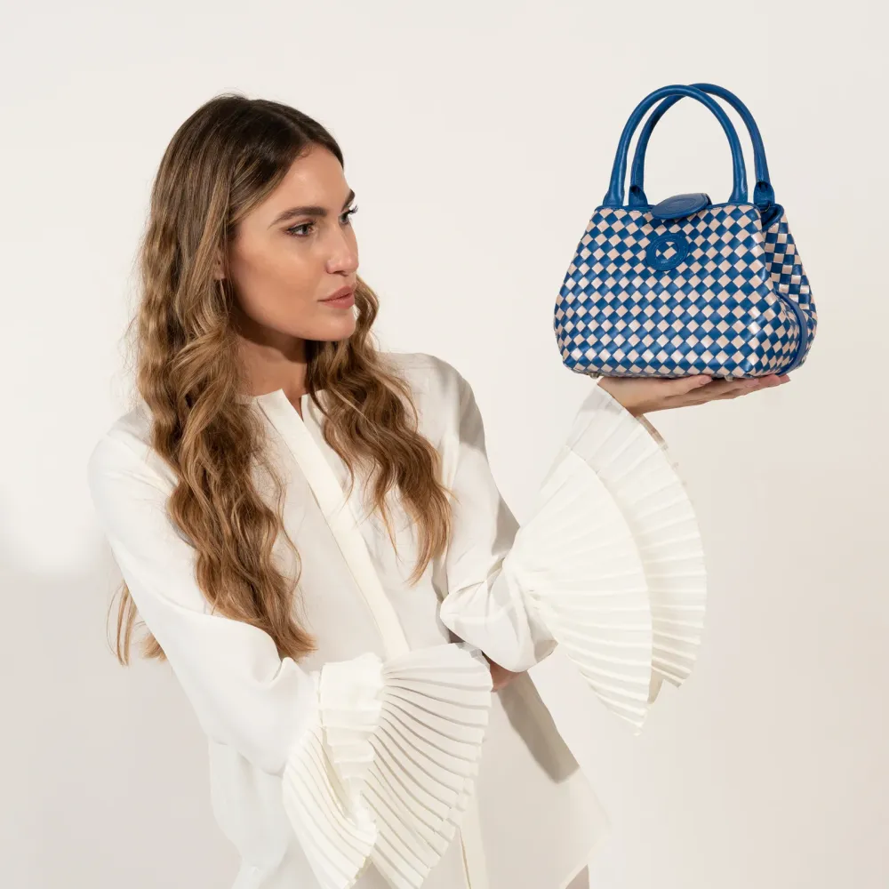 Women's Softy Perlato Leather Lucia Bag Intreccio Quadro Blue and Nude
