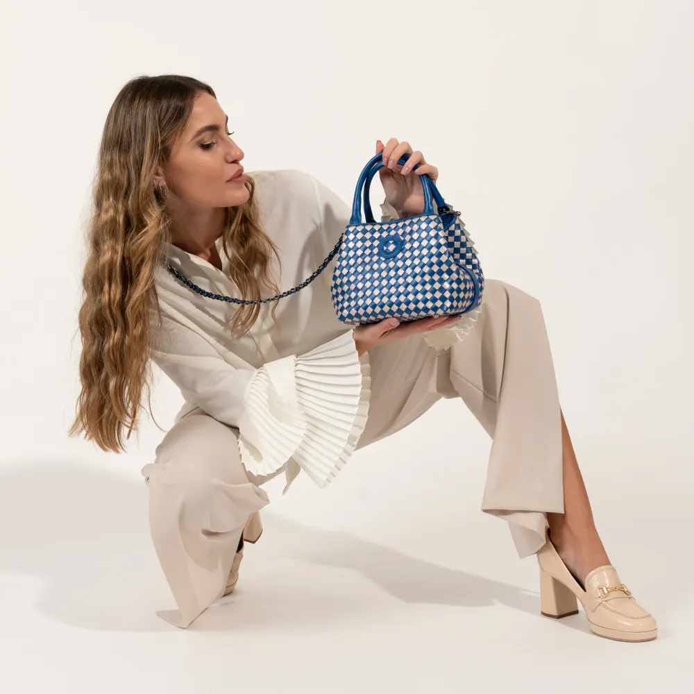 Women's Softy Perlato Leather Lucia Bag Intreccio Quadro Blue and Nude
