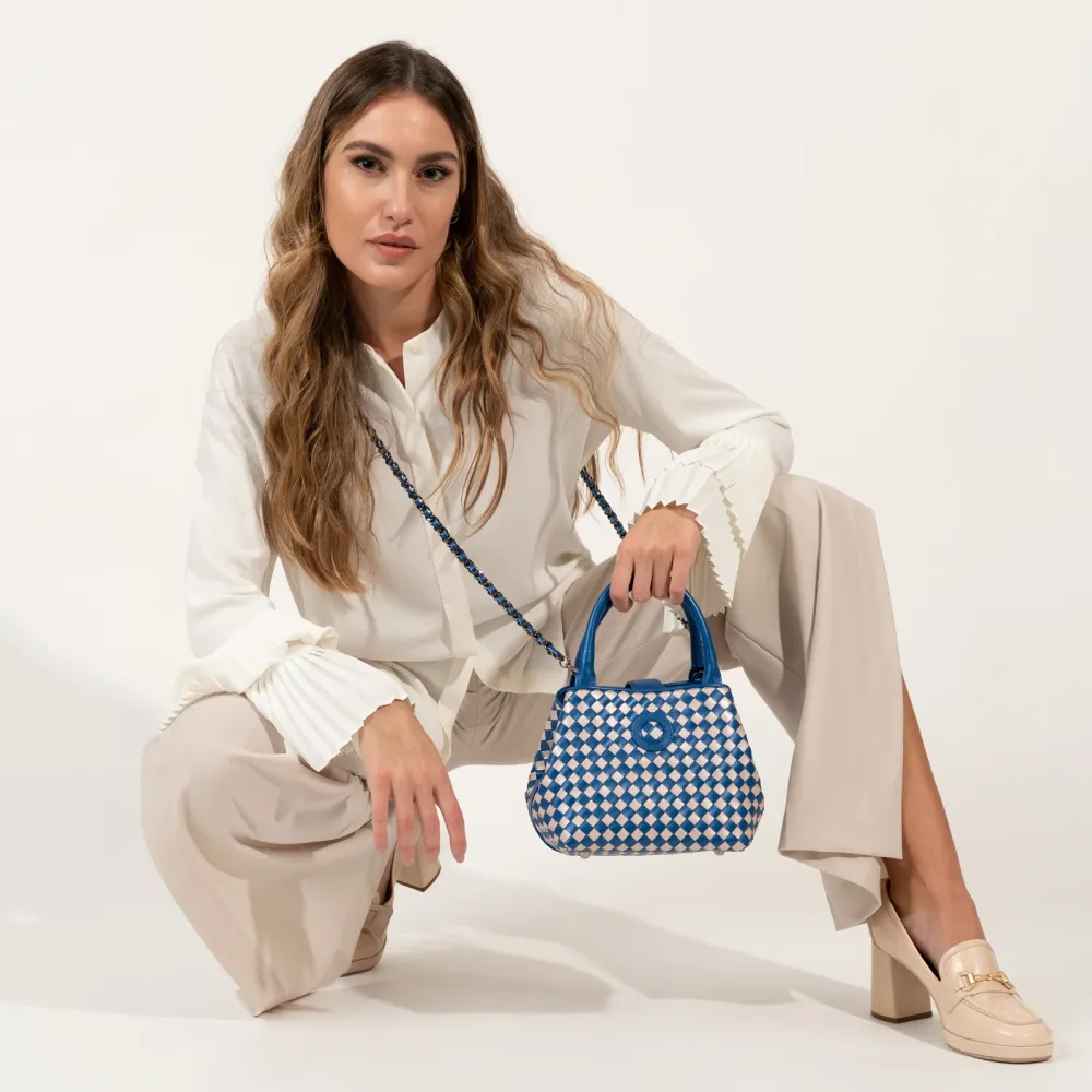 Women's Softy Perlato Leather Lucia Bag Intreccio Quadro Blue and Nude