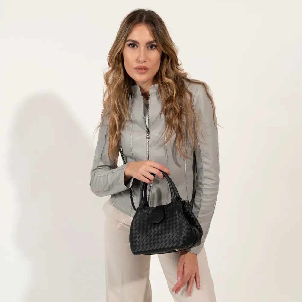Women's Softy Perlato Leather Lucia Bag Intreccio Quadro Nero