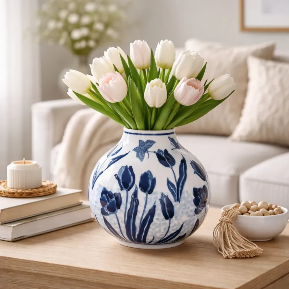 Vaso Decorativo 30 cm Ceramica Blu con Fiori Bianchi