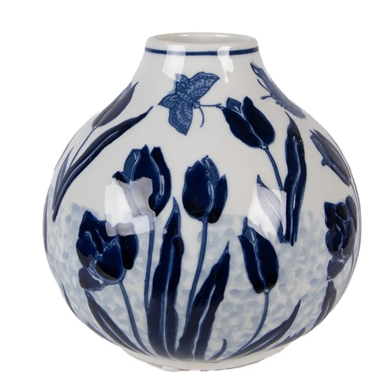 Vaso Decorativo 30 cm Ceramica Blu con Fiori Bianchi