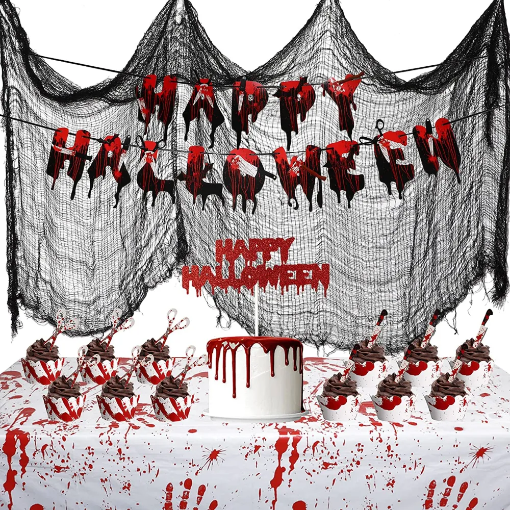 Set di Decorazioni per Feste di Halloween, 24 Involucri Spaventosi per Cupcake 1 Decorazione per Torta 1 Striscione Appeso...