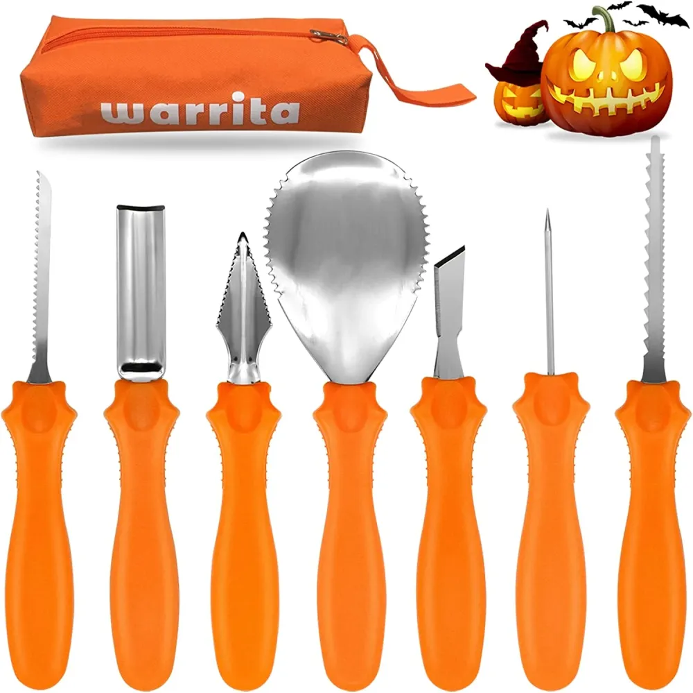 warrita Kit per Intagliare Le Zucche Set Intaglio Zucca Halloween Utensili Intaglio Zucca Acciaio Inossidabile 7 Pezzi Cus...