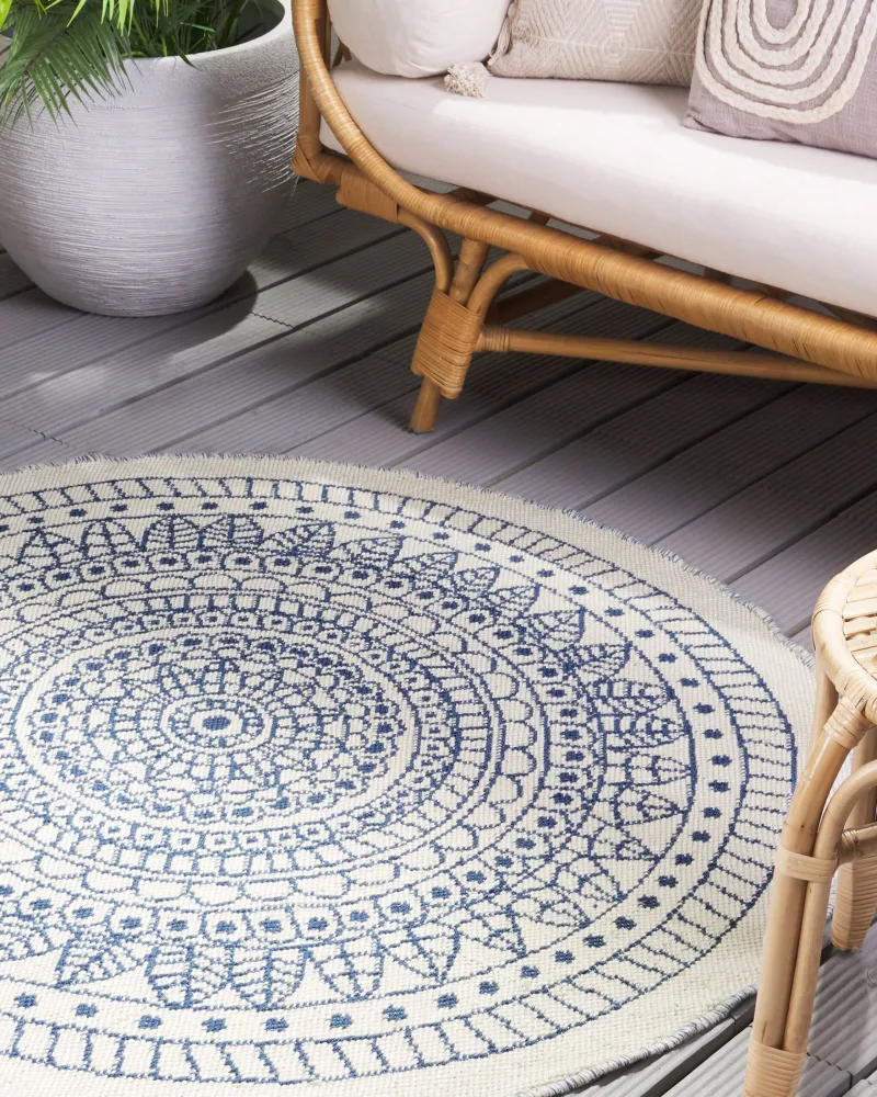 Tappeto da esterno reversibile tondo 140cm blu bianco YALAK