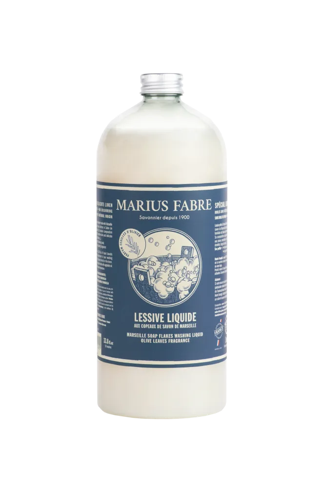 Sapone di Marsiglia scaglie, detersivo liquido alle foglie d'olivo 1L