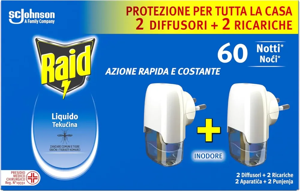 Raid Liquido Elettrico Kit Doppio - 2 Diffusori + 2 Ricariche (60 Notti Totali), Inodore, Zanzare Comuni & Tigre